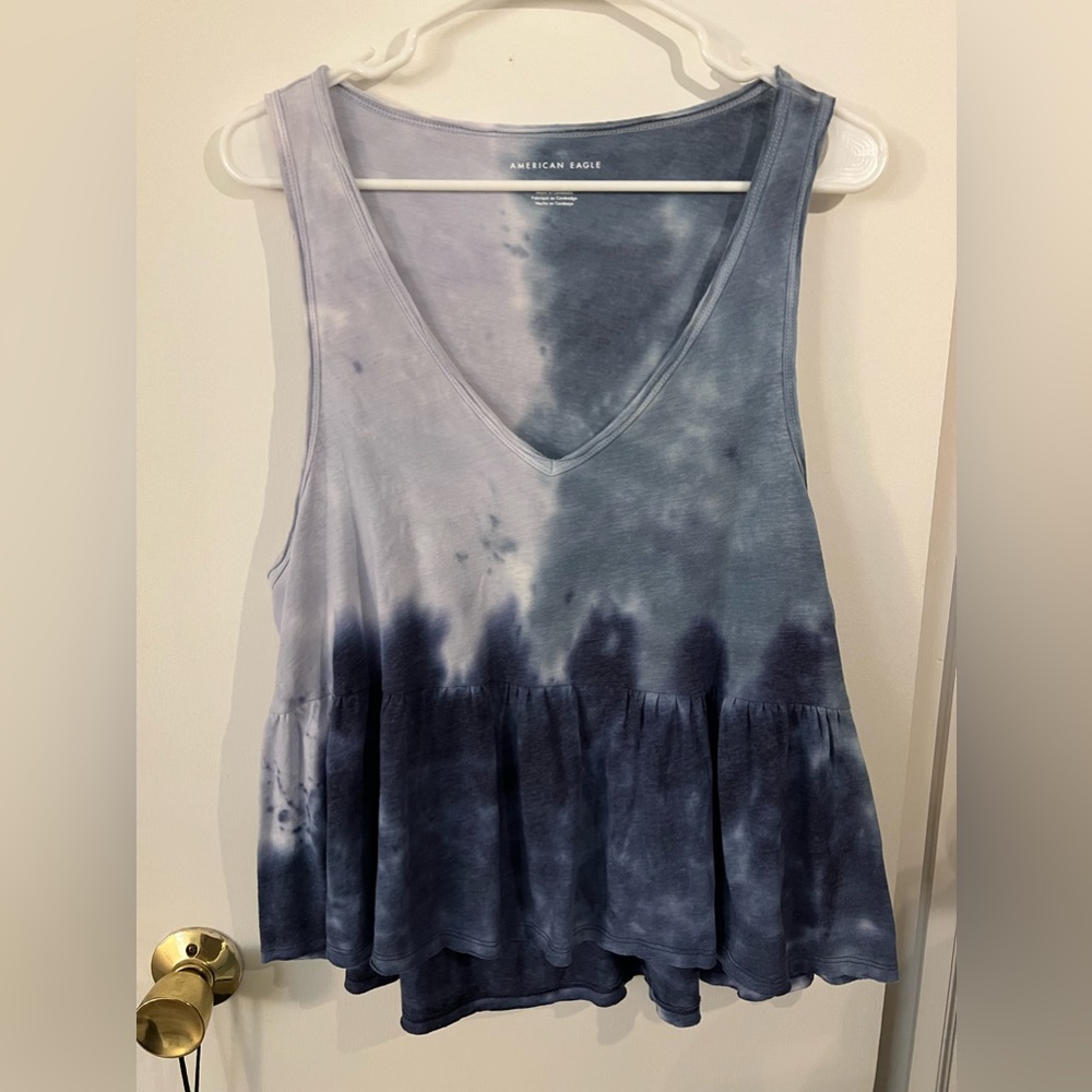 American Eagle Outfitters Blue Gray Tie-Dye V-Neck Peplum Tank